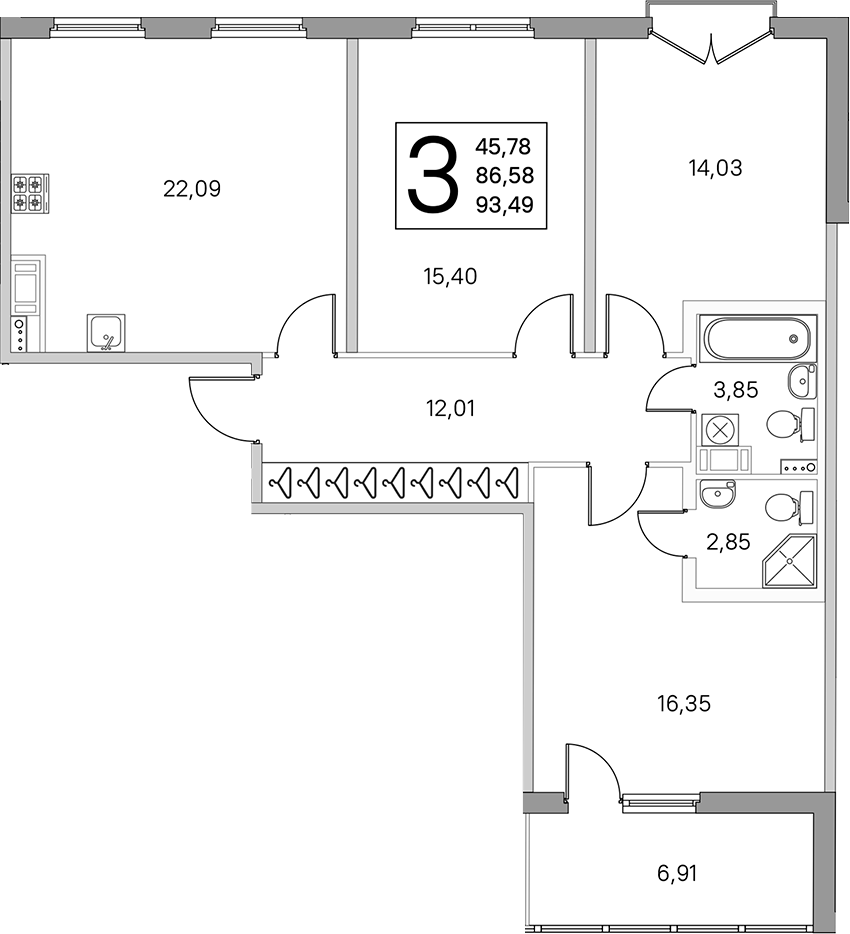 3-комнатная квартира 90.04 м², 3/4 эт., ЖК «Любоград в Стрельне»